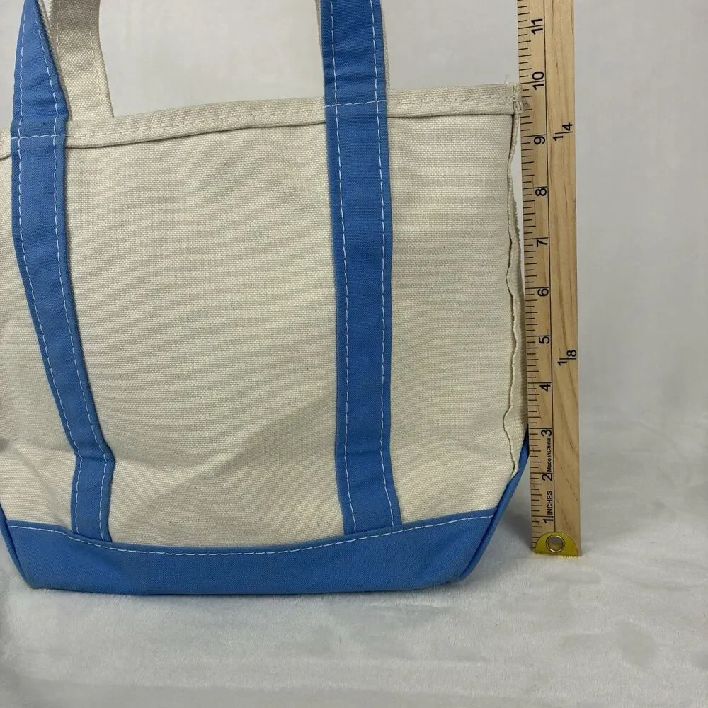 Vintage LL Bean Mini Boat And Tote -Beige Light Blue Canvas Bag With Zipper Top